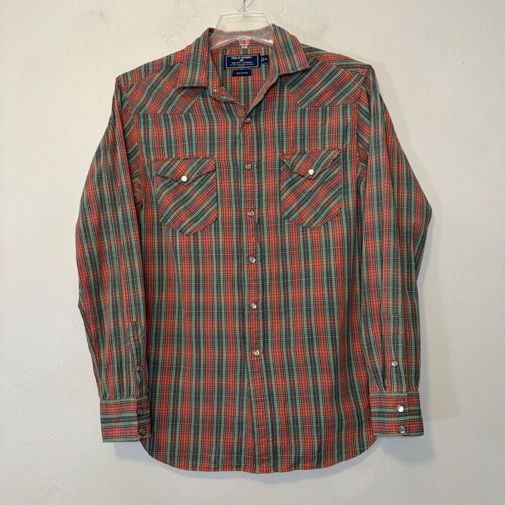Polo Sport Ralph Lauren Mens Medium Orange Green Plaid Western Pearl Snap Shirt